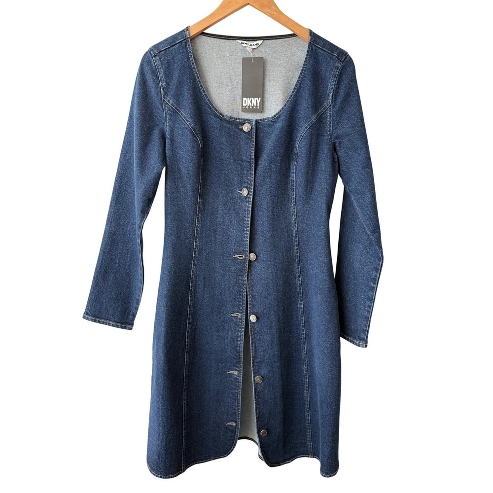 DKNY Denim Dress Small Jeans Blue Button Front Long Sleeve Scoop Neck New NWT